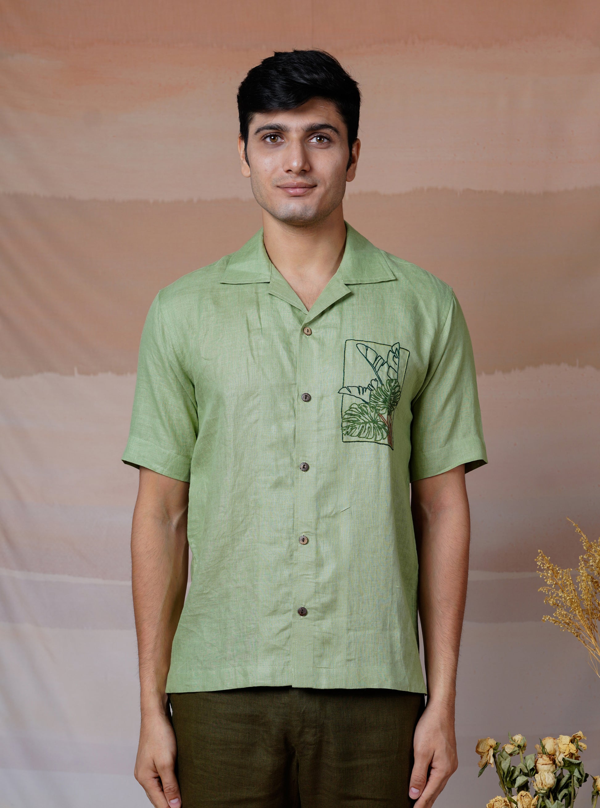 TROPICAL LEAF - HAND EMBROIDERED UNISEX LINEN SHIRT