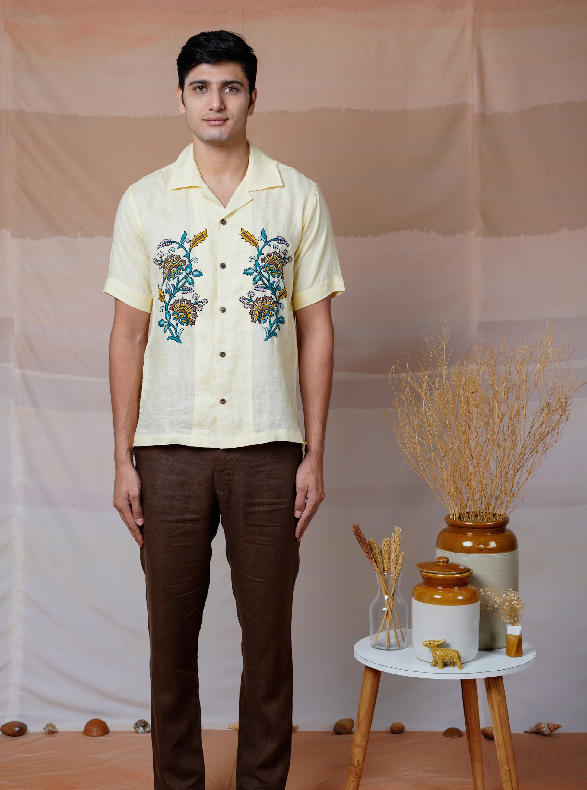 VINTAGE PETALS - HAND EMBROIDERED UNISEX LINEN SHIRT