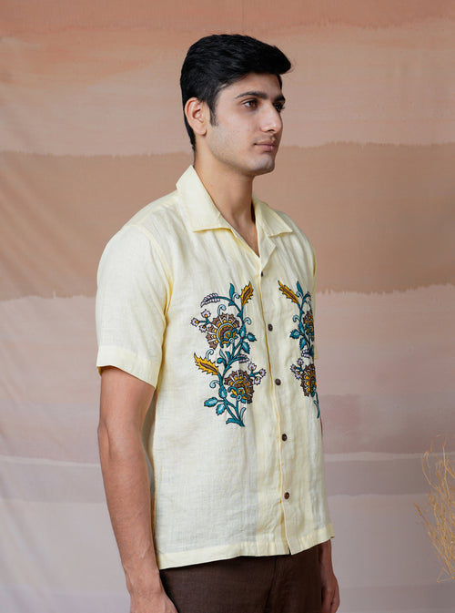 VINTAGE PETALS - HAND EMBROIDERED UNISEX LINEN SHIRT