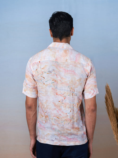 WHIMSICAL WAVES - HAND EMBROIDERED UNISEX PRINTED LINEN SHIRT