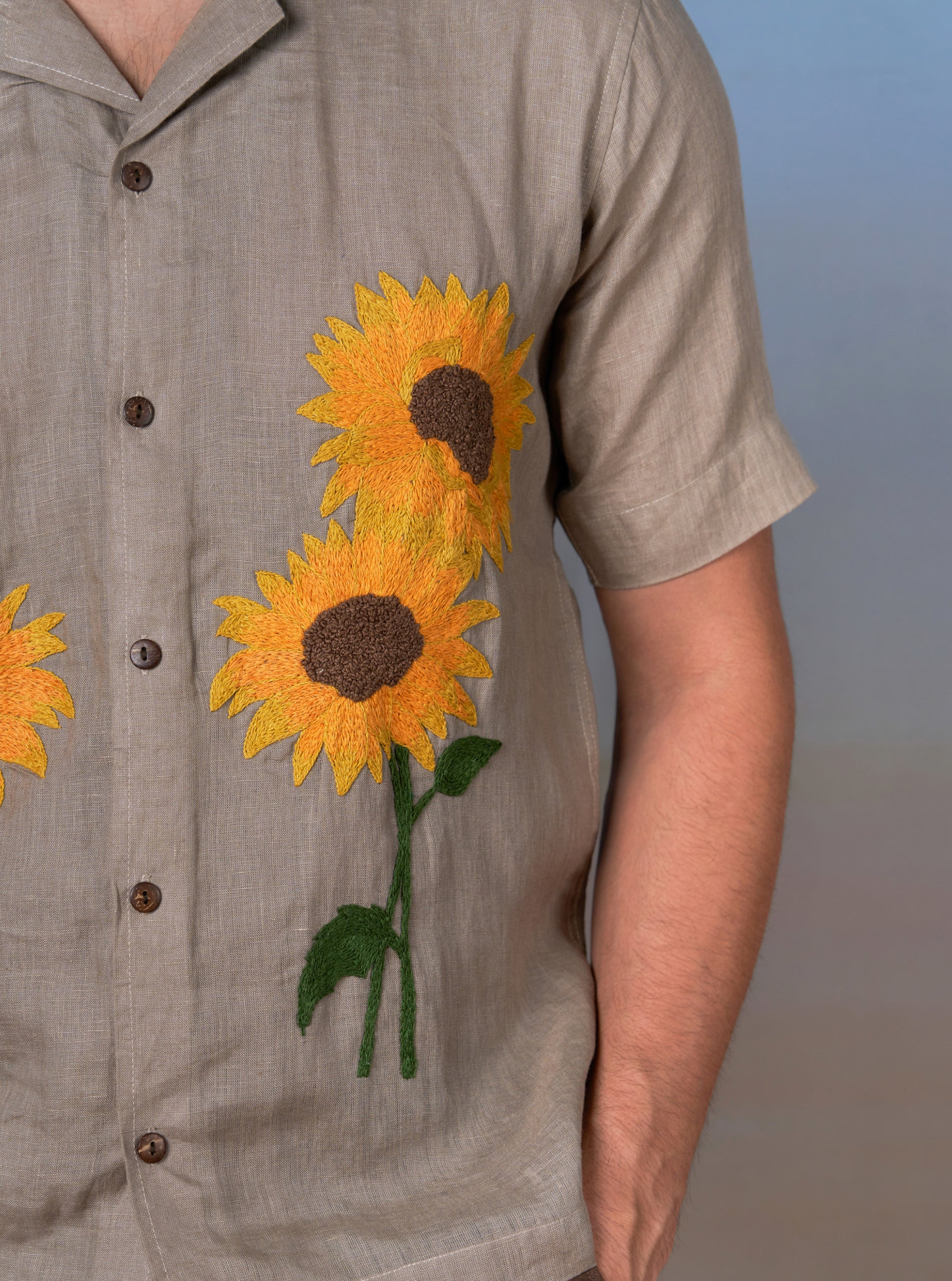 SUNFLOWER BLISS - HAND EMBROIDERED UNISEX LINEN SHIRT