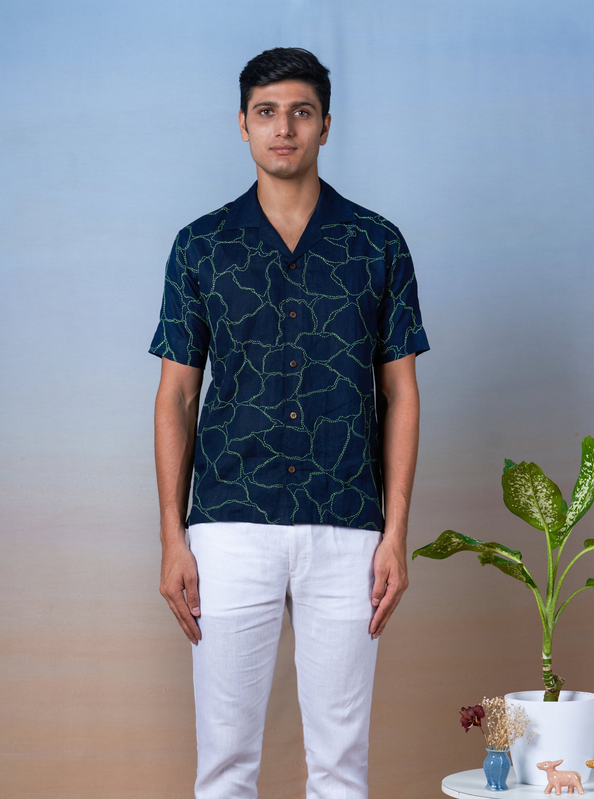 GREEN VEINS - HAND EMBROIDERED UNISEX PRINTED LINEN SHIRT