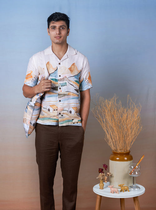 GRAZING SHEEP ORANGE - HAND EMBROIDERED UNISEX PRINTED LINEN SHIRT