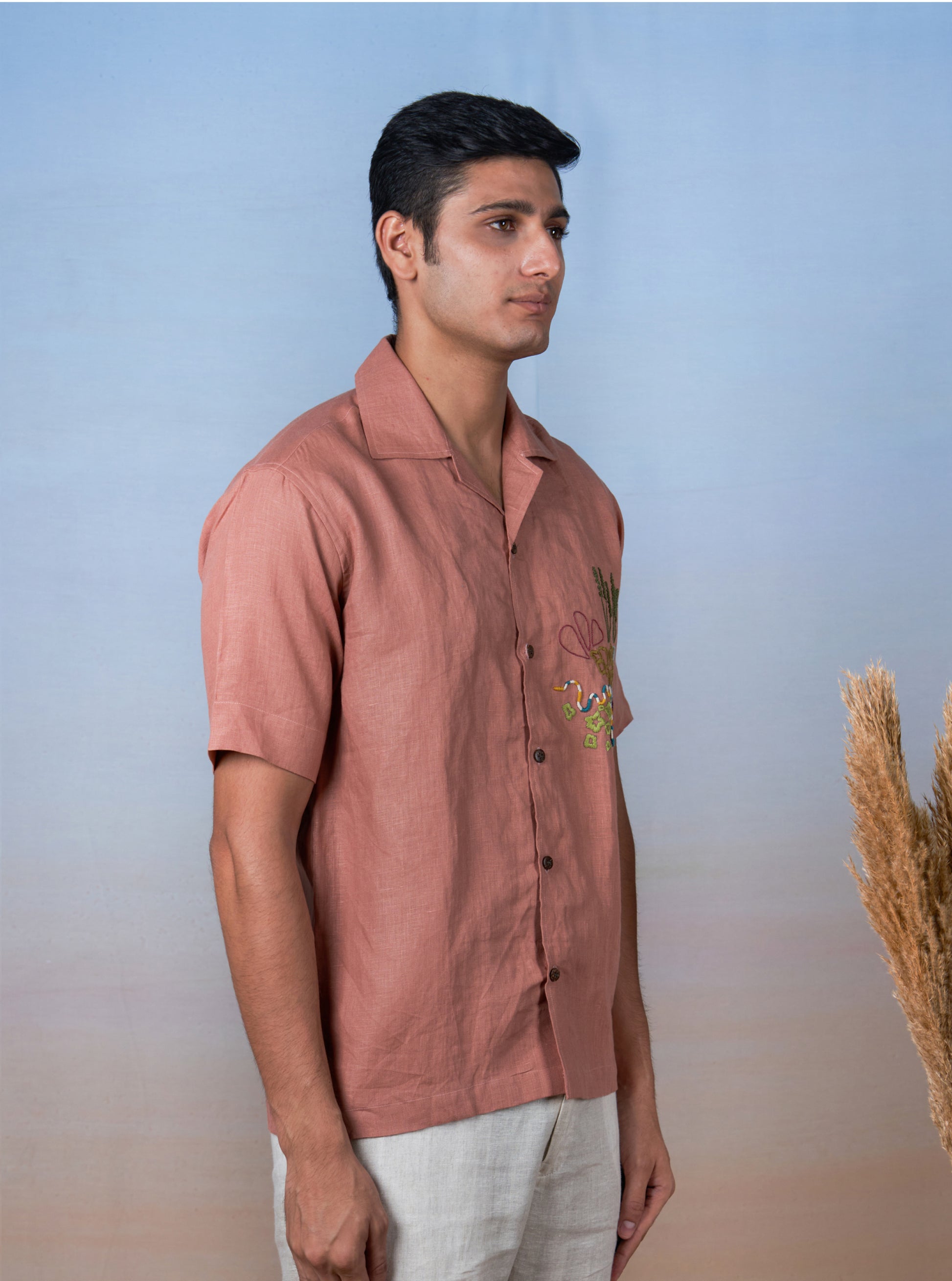 TERRACOTTA BLOOM - HAND EMBROIDERED UNISEX LINEN SHIRT