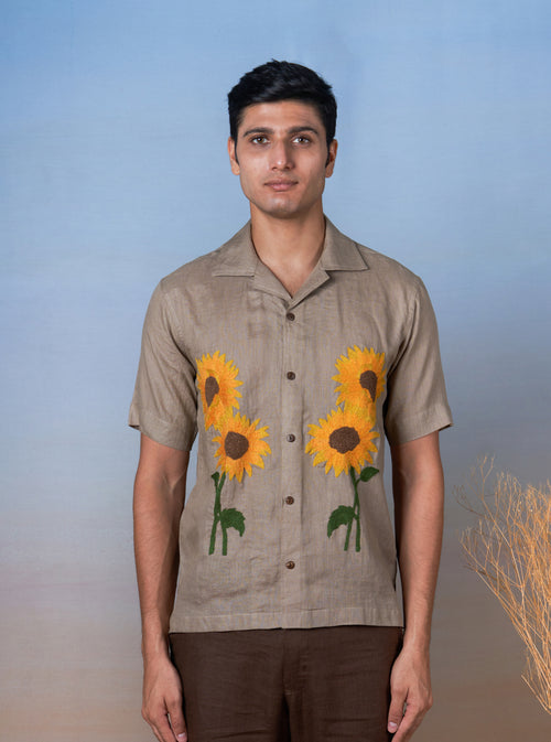 SUNFLOWER BLISS - HAND EMBROIDERED UNISEX LINEN SHIRT