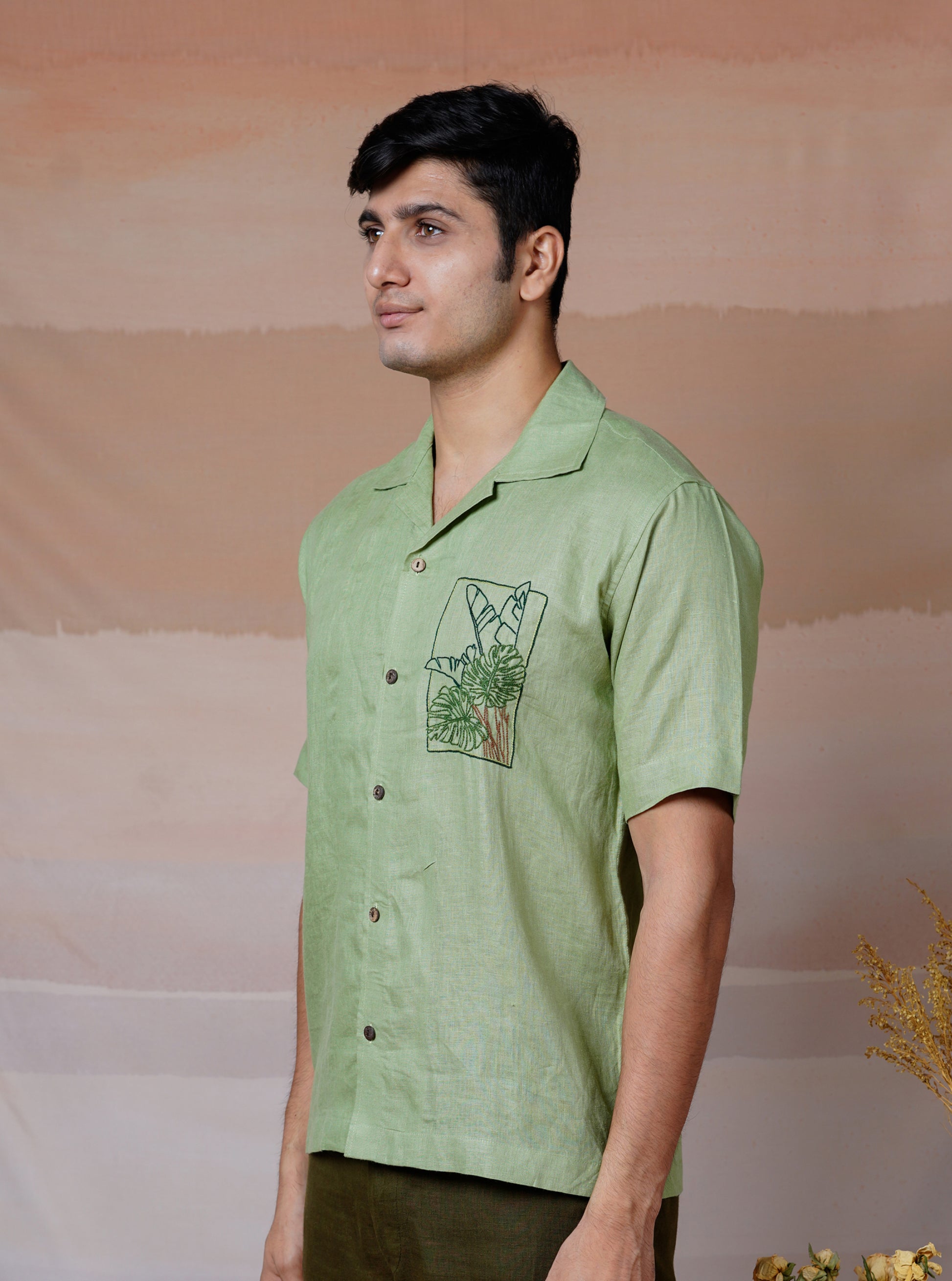 TROPICAL LEAF - HAND EMBROIDERED UNISEX LINEN SHIRT