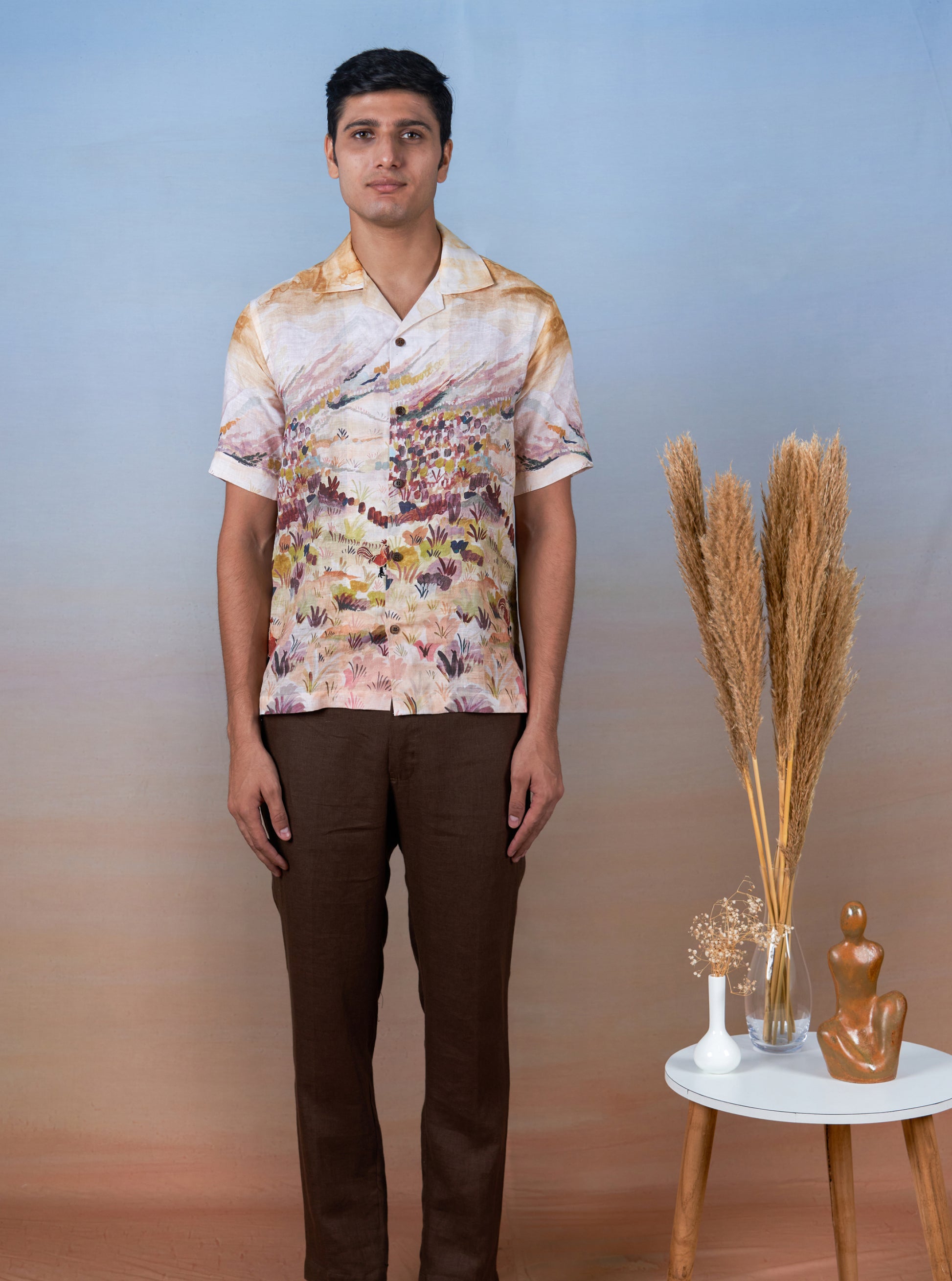 ROOSTER MEADOW YELLOW - HAND EMBROIDERED UNISEX PRINTED LINEN SHIRT