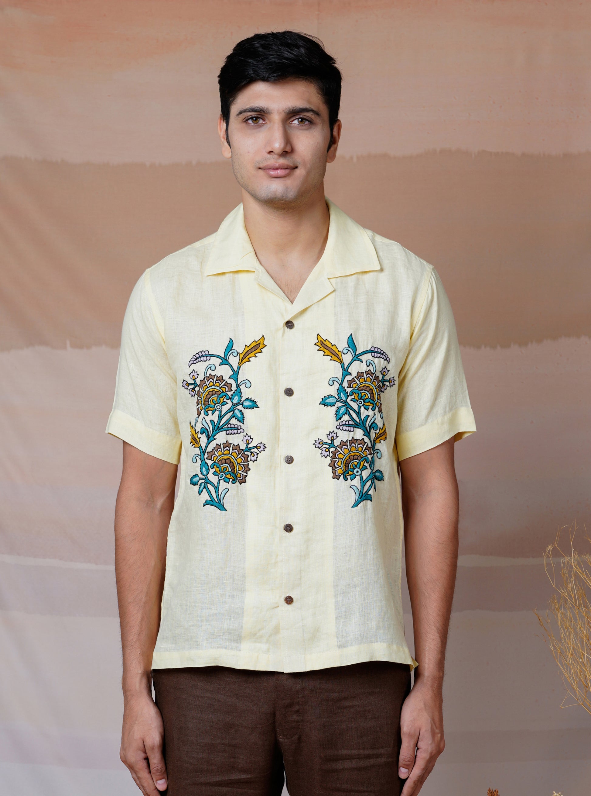 VINTAGE PETALS - HAND EMBROIDERED UNISEX LINEN SHIRT