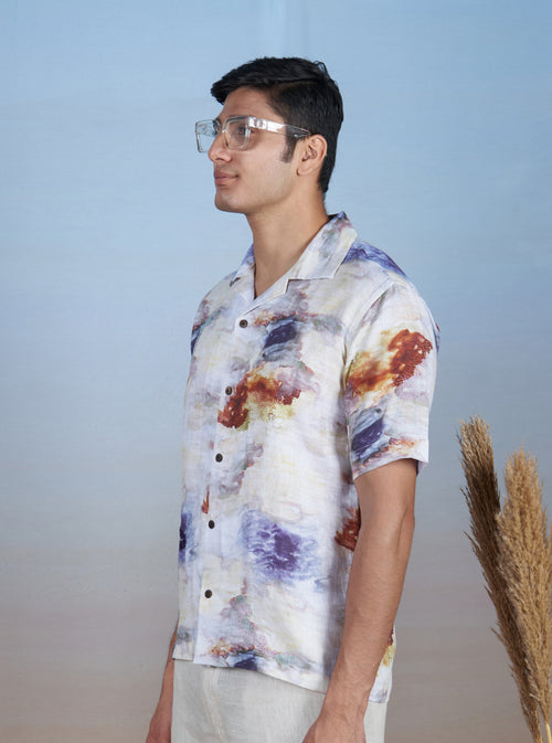 NEBULA NIGHTS - HAND EMBROIDERED UNISEX PRINTED LINEN SHIRT