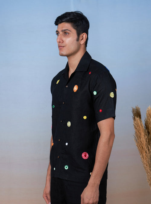 RETRO SPOTS - HAND EMBROIDERED UNISEX LINEN SHIRT