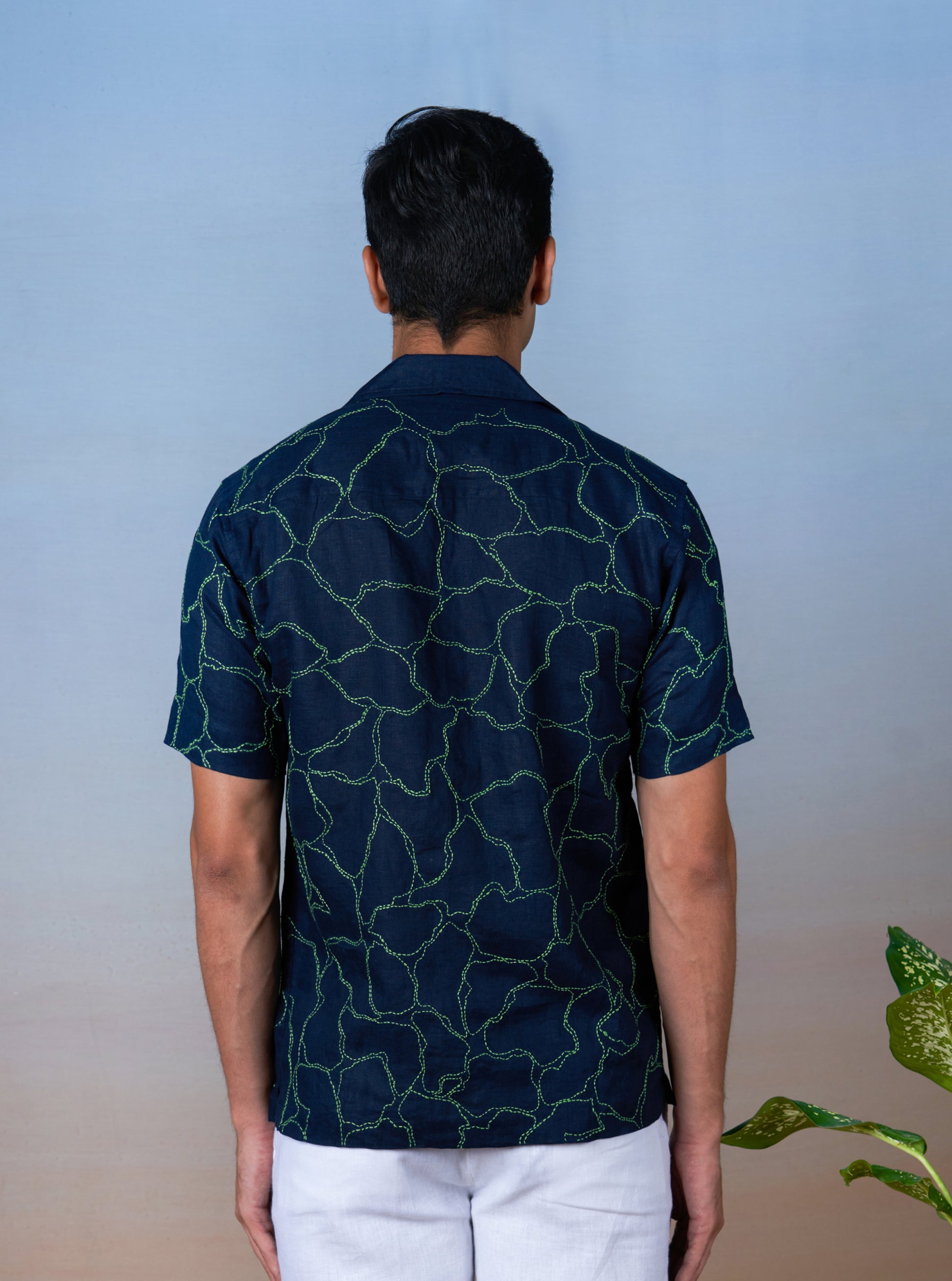 GREEN VEINS - HAND EMBROIDERED UNISEX PRINTED LINEN SHIRT