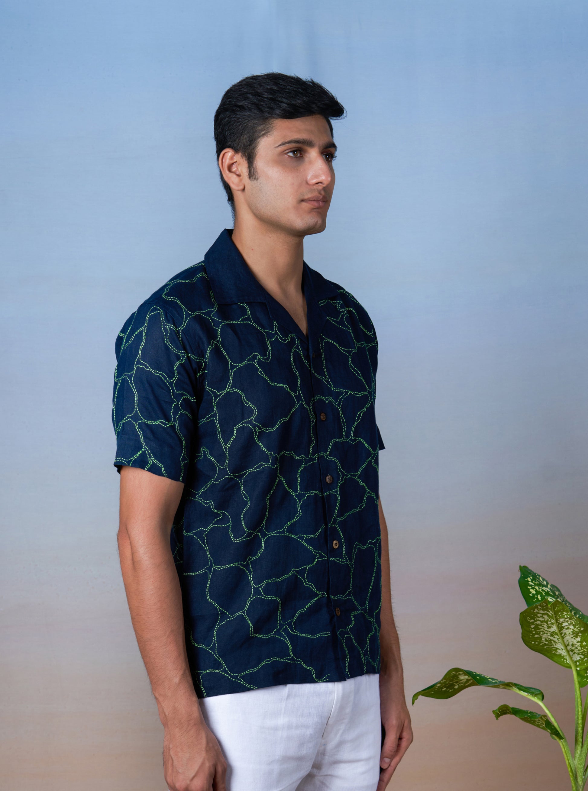 GREEN VEINS - HAND EMBROIDERED UNISEX PRINTED LINEN SHIRT