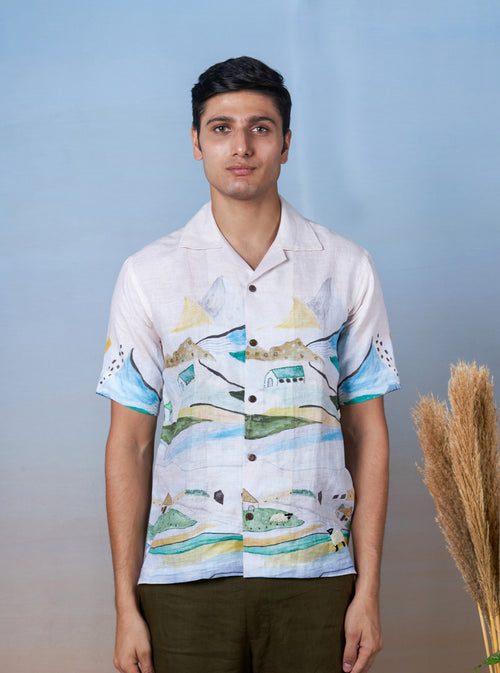 GRAZING SHEEP YELLOW - HAND EMBROIDERED UNISEX PRINTED LINEN SHIRT