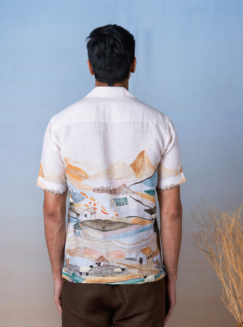 GRAZING SHEEP ORANGE - HAND EMBROIDERED UNISEX PRINTED LINEN SHIRT