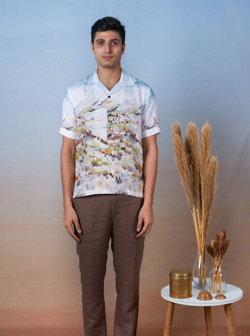 ROOSTER MEADOW BLUE - HAND EMBROIDERED UNISEX PRINTED LINEN SHIRT