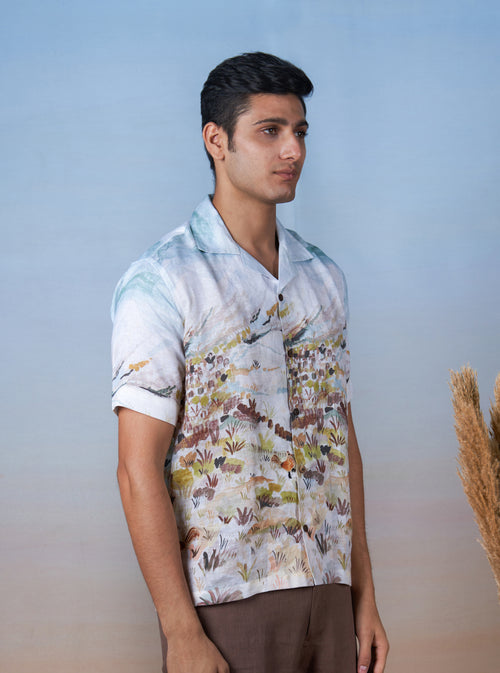 ROOSTER MEADOW BLUE - HAND EMBROIDERED UNISEX PRINTED LINEN SHIRT