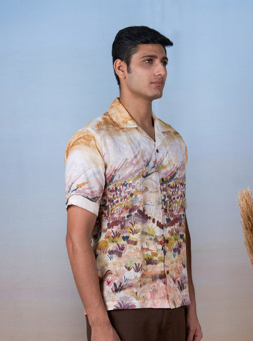 ROOSTER MEADOW YELLOW - HAND EMBROIDERED UNISEX PRINTED LINEN SHIRT