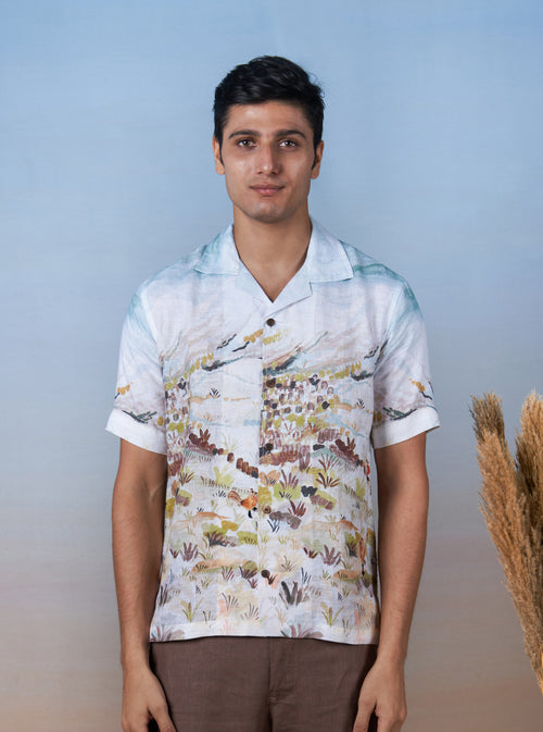 ROOSTER MEADOW BLUE - HAND EMBROIDERED UNISEX PRINTED LINEN SHIRT