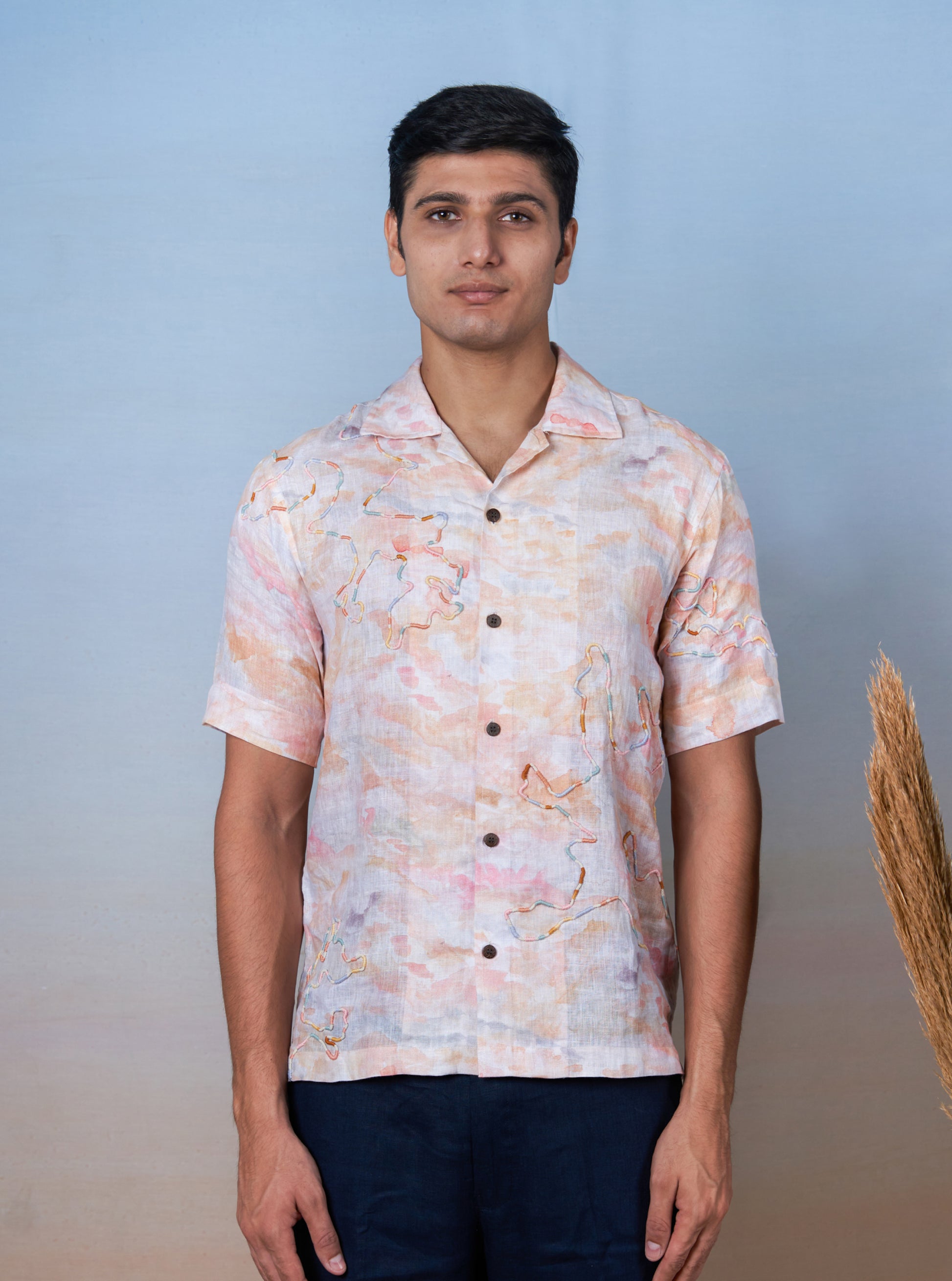 WHIMSICAL WAVES - HAND EMBROIDERED UNISEX PRINTED LINEN SHIRT