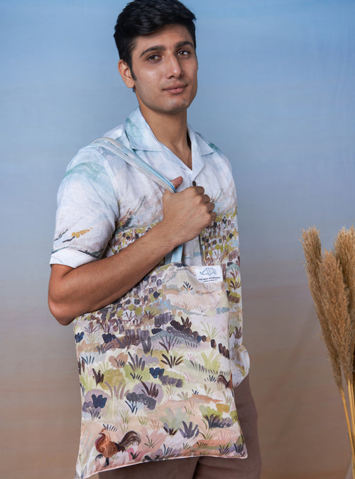 ROOSTER MEADOW BLUE - HAND EMBROIDERED UNISEX PRINTED LINEN SHIRT