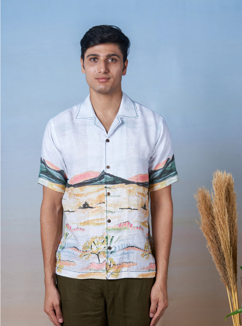 NATURE'S PALETTE - HAND EMBROIDERED UNISEX PRINTED LINEN SHIRT