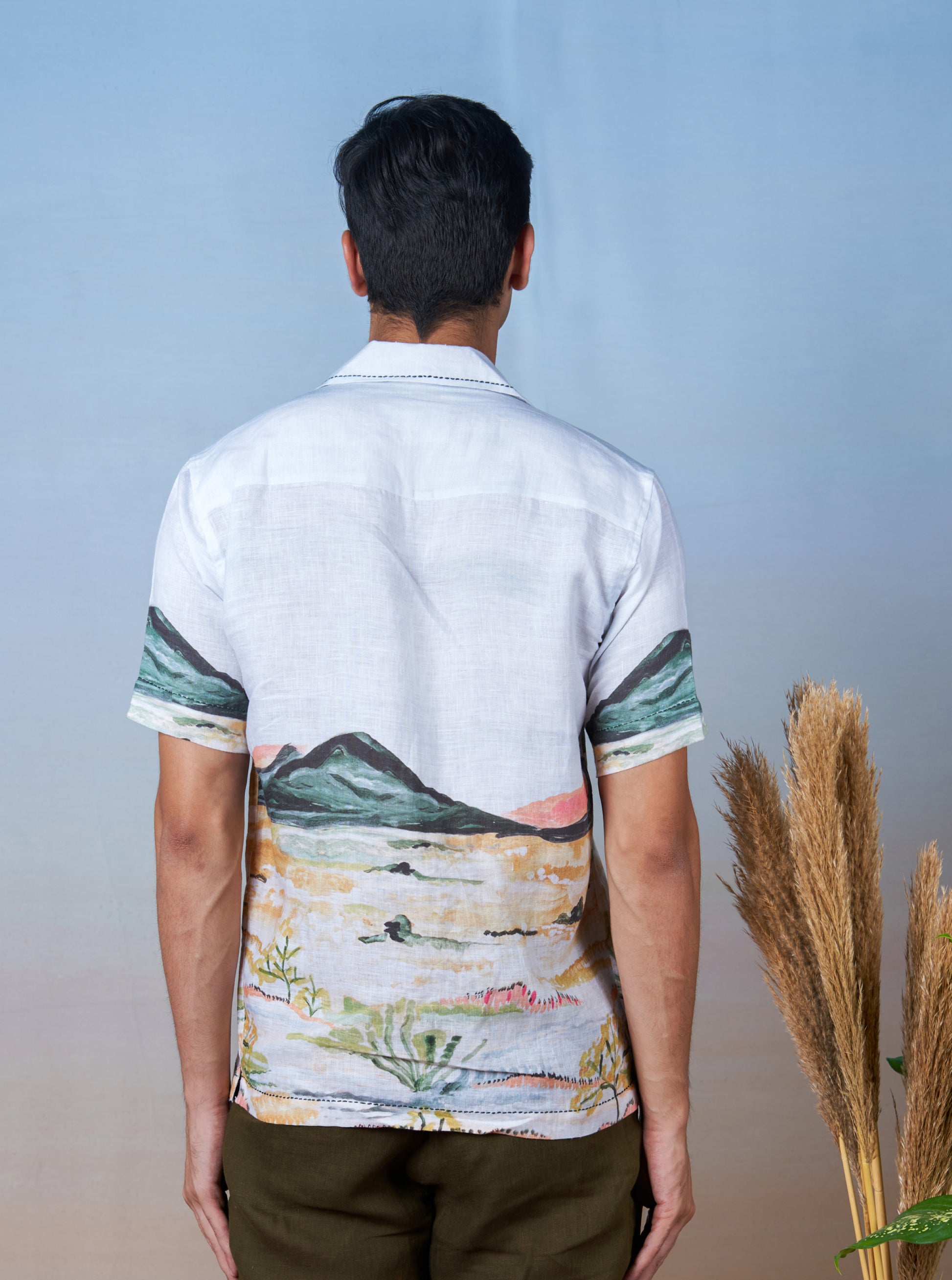 NATURE'S PALETTE - HAND EMBROIDERED UNISEX PRINTED LINEN SHIRT