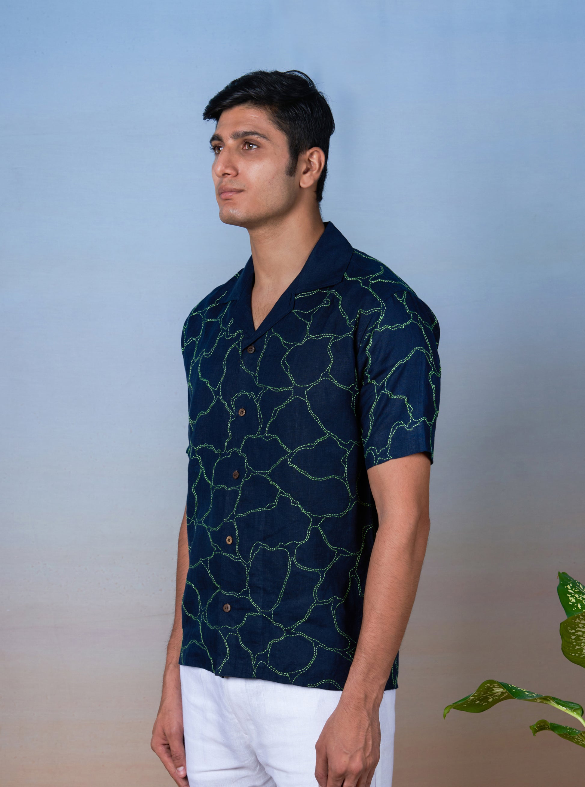 GREEN VEINS - HAND EMBROIDERED UNISEX PRINTED LINEN SHIRT