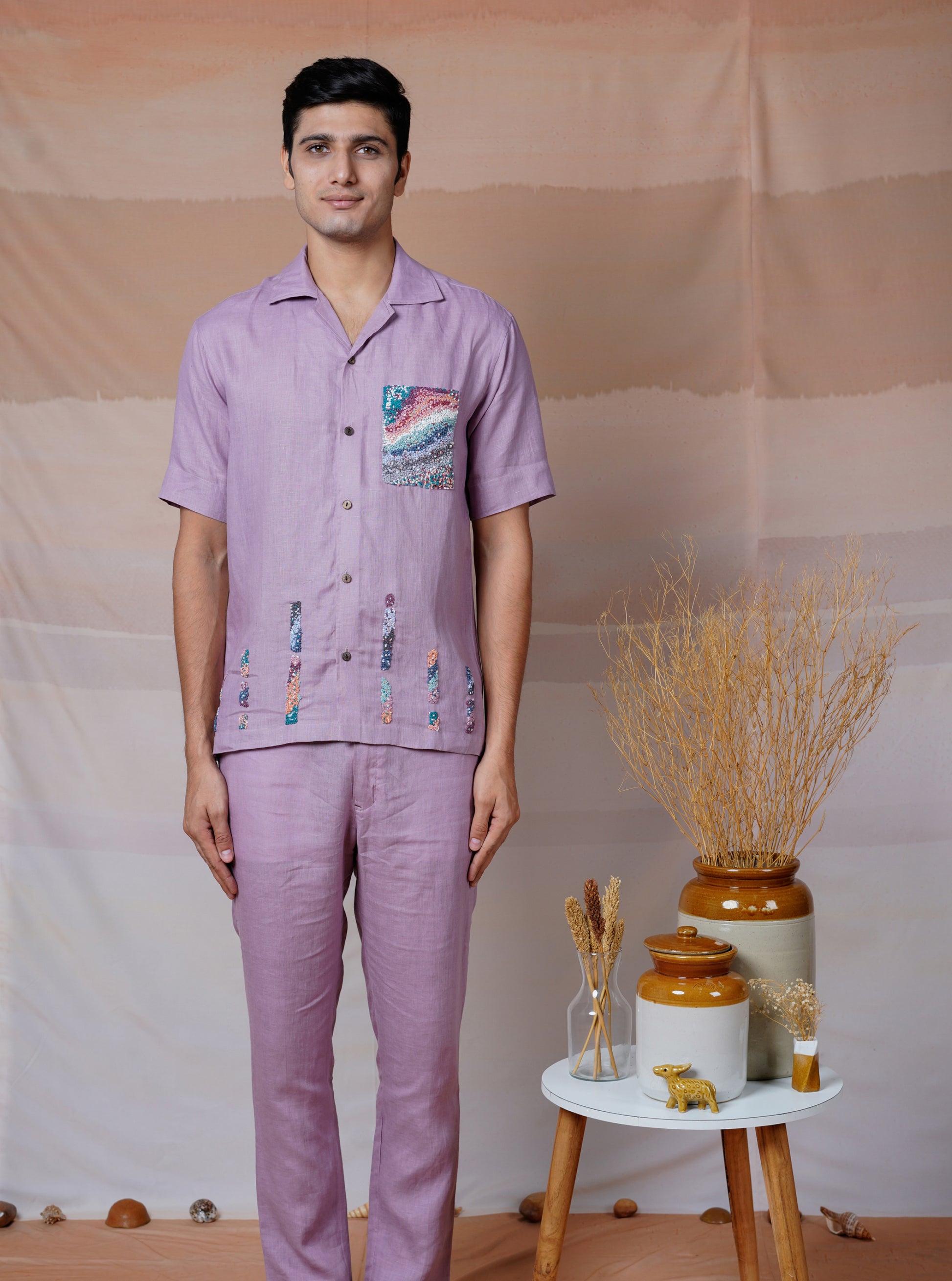 LILAC ASCENT - HAND EMBROIDERED UNISEX LINEN SHIRT