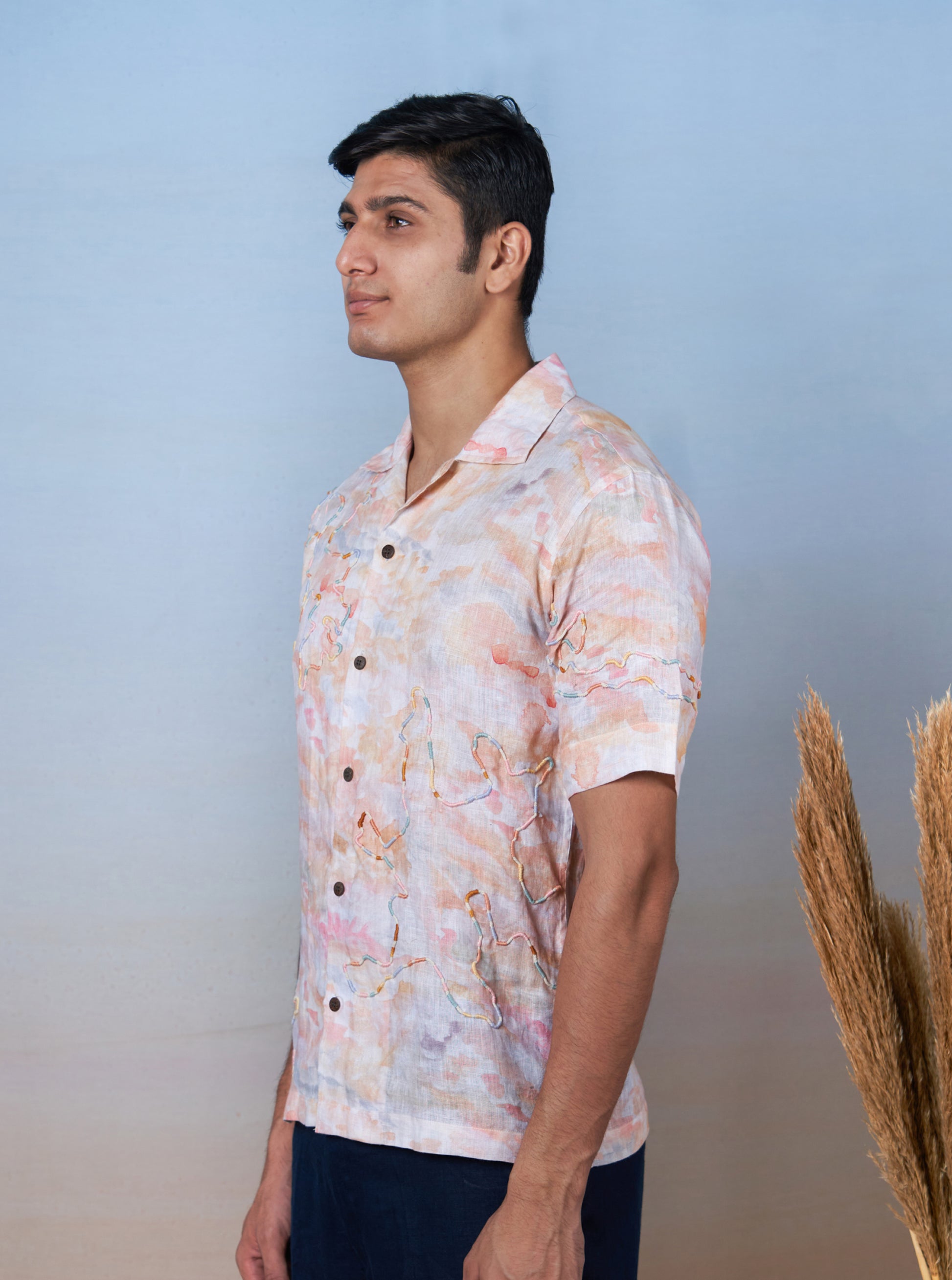 WHIMSICAL WAVES - HAND EMBROIDERED UNISEX PRINTED LINEN SHIRT