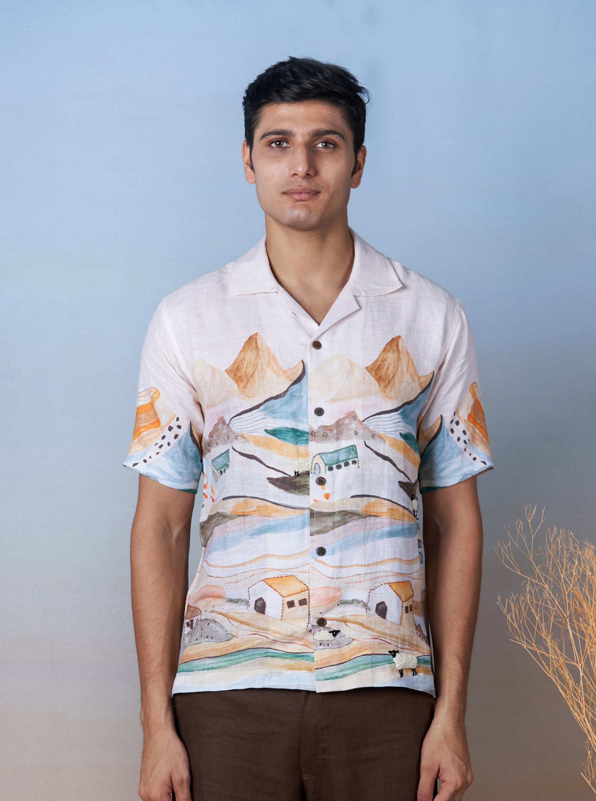 GRAZING SHEEP ORANGE - HAND EMBROIDERED UNISEX PRINTED LINEN SHIRT