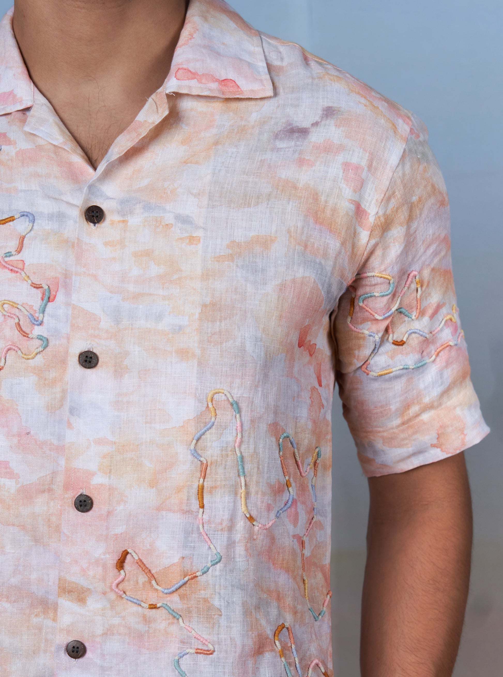 WHIMSICAL WAVES - HAND EMBROIDERED UNISEX PRINTED LINEN SHIRT