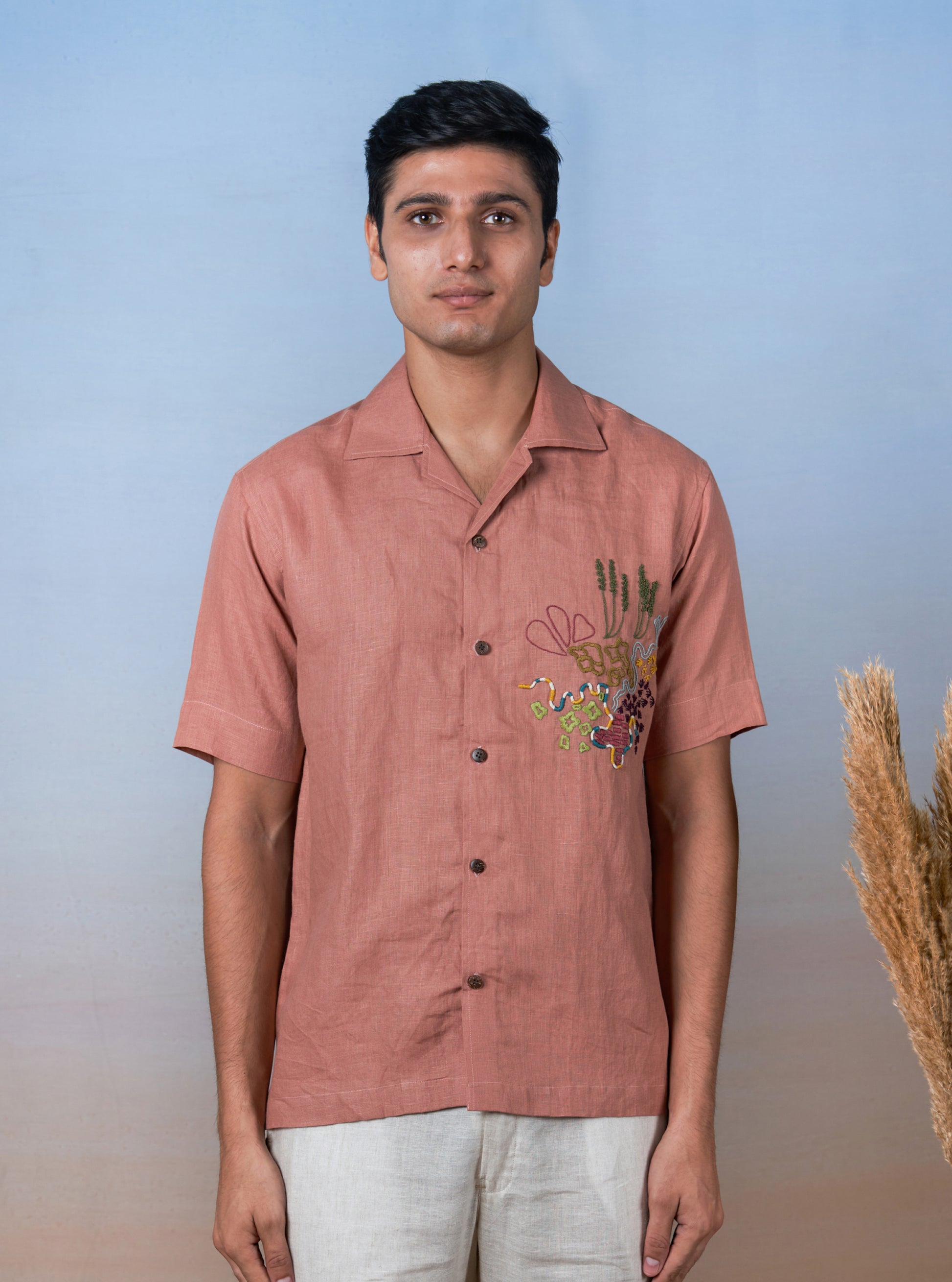 TERRACOTTA BLOOM - HAND EMBROIDERED UNISEX LINEN SHIRT