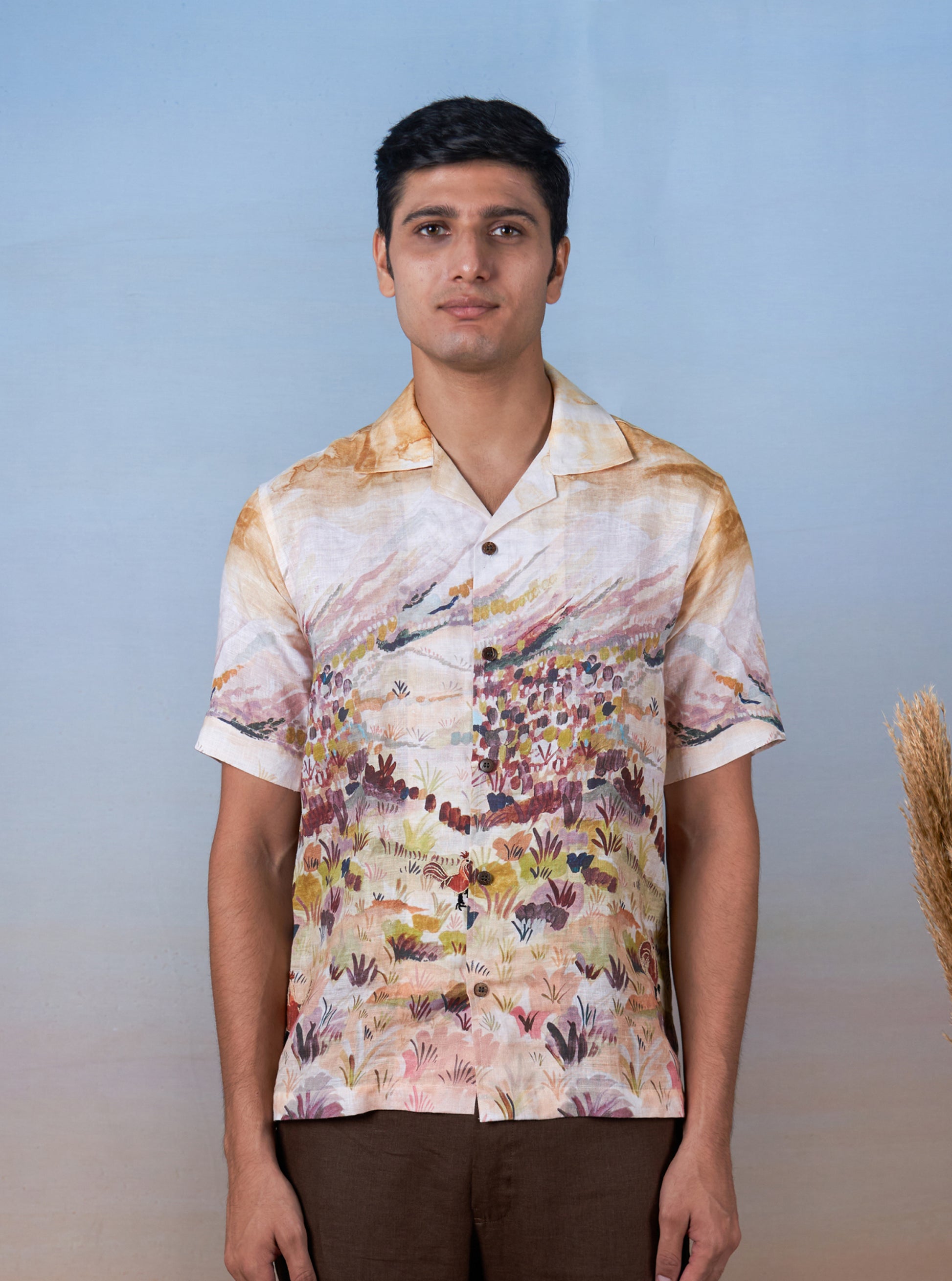 ROOSTER MEADOW YELLOW - HAND EMBROIDERED UNISEX PRINTED LINEN SHIRT