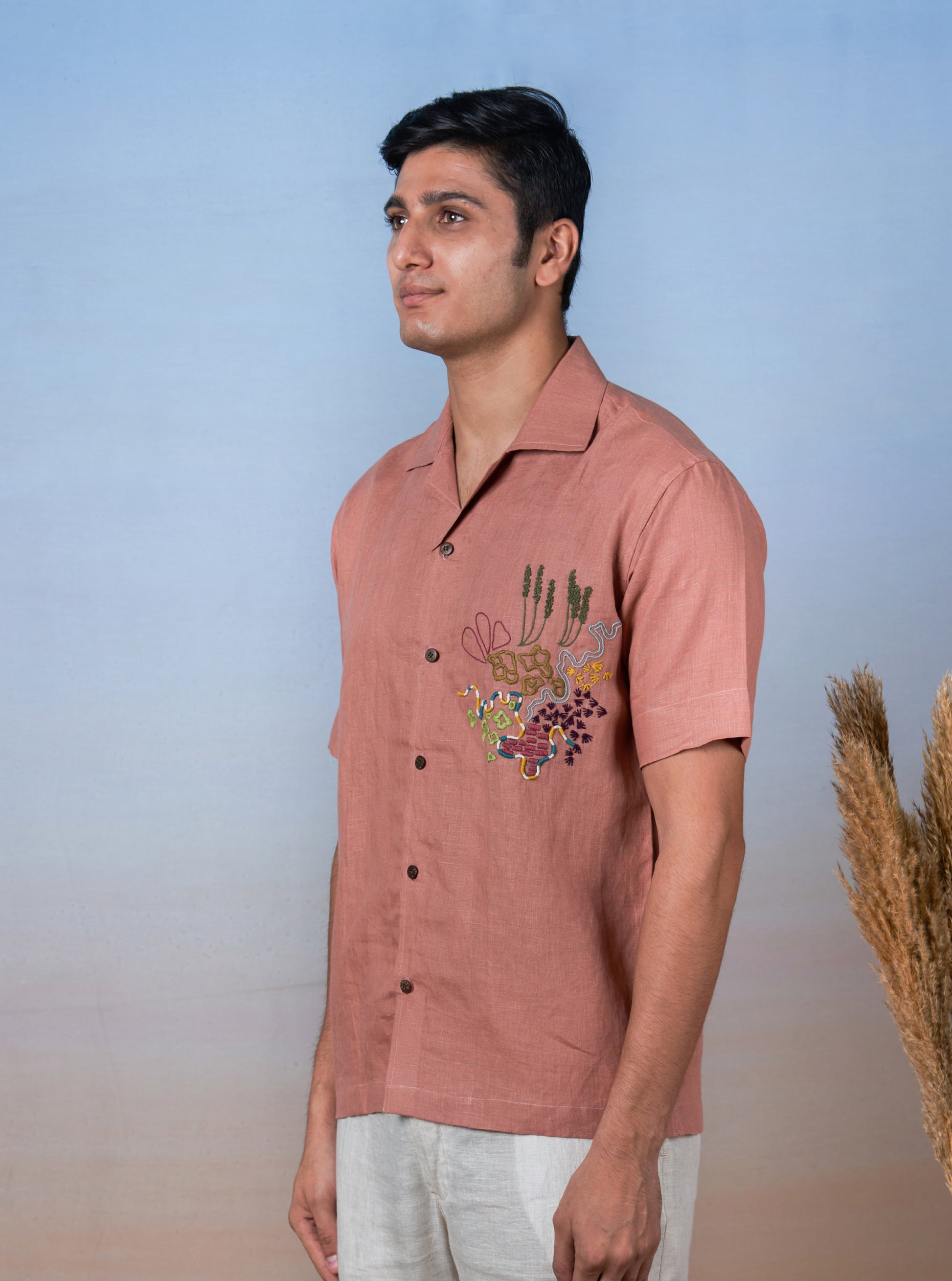 TERRACOTTA BLOOM - HAND EMBROIDERED UNISEX LINEN SHIRT