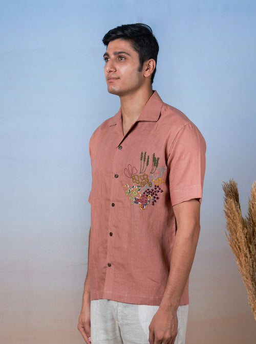 TERRACOTTA BLOOM - HAND EMBROIDERED UNISEX LINEN SHIRT