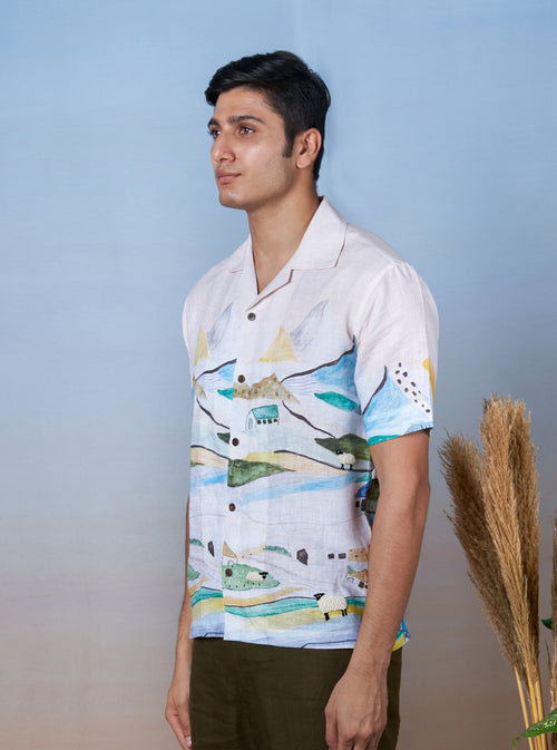 GRAZING SHEEP YELLOW - HAND EMBROIDERED UNISEX PRINTED LINEN SHIRT