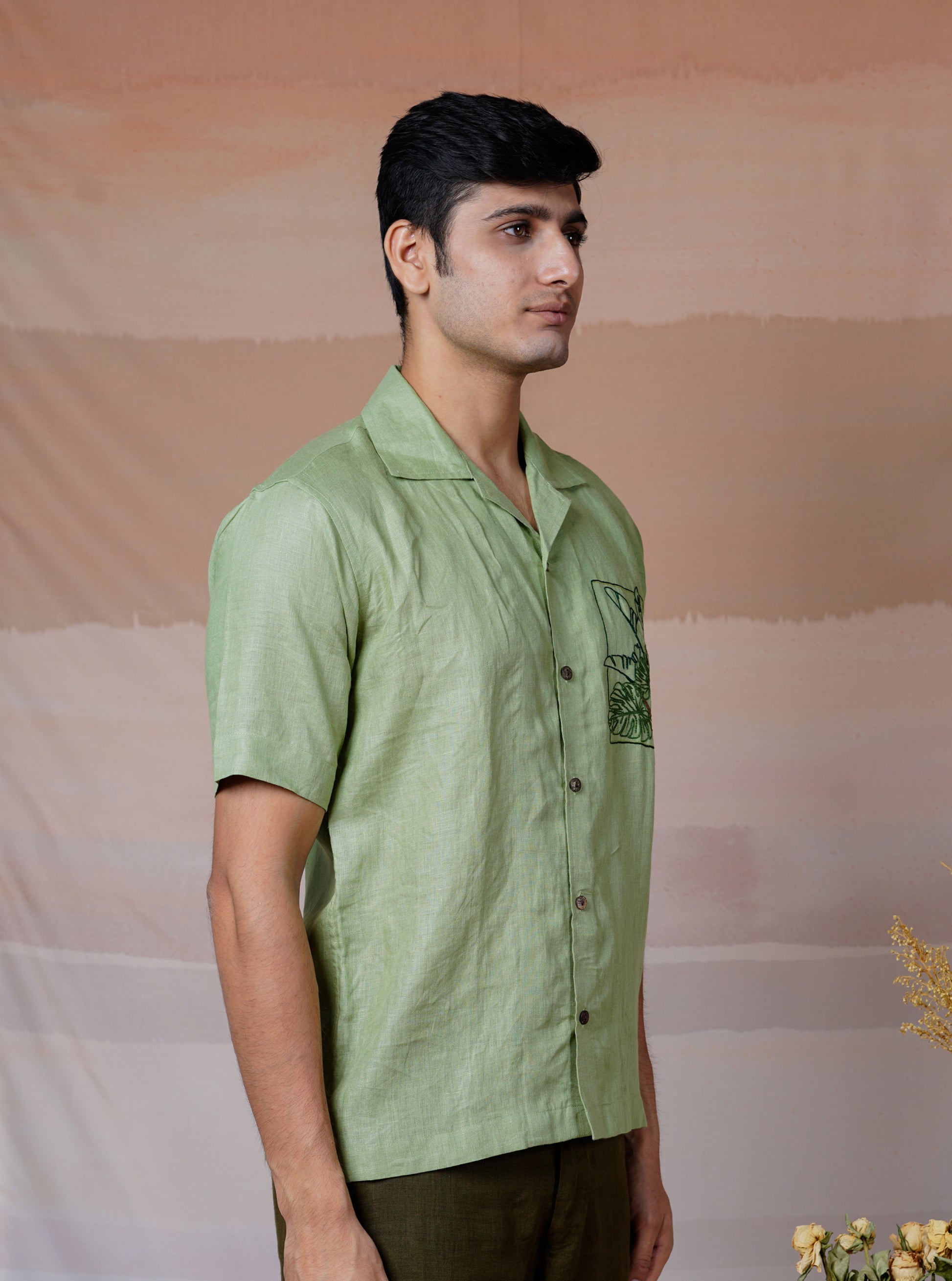 TROPICAL LEAF - HAND EMBROIDERED UNISEX LINEN SHIRT