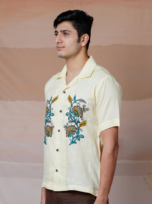 VINTAGE PETALS - HAND EMBROIDERED UNISEX LINEN SHIRT