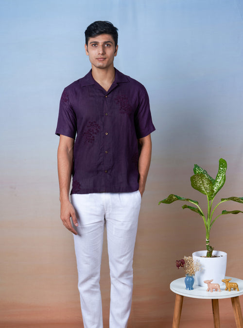 PURPLE HAZE - HAND EMBROIDERED UNISEX LINEN SHIRT