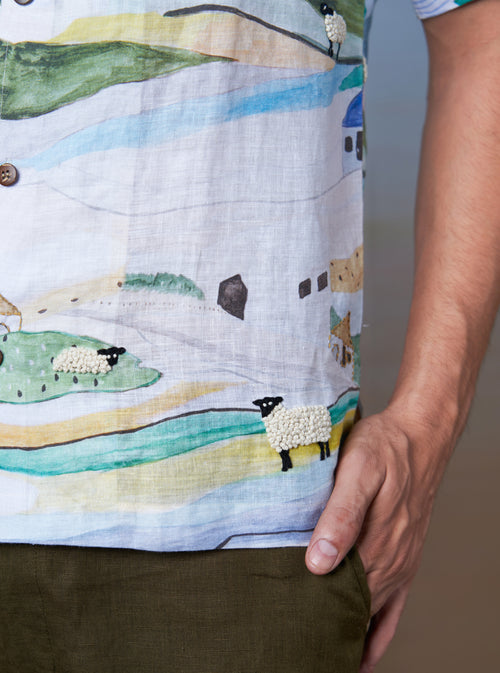 GRAZING SHEEP YELLOW - HAND EMBROIDERED UNISEX PRINTED LINEN SHIRT