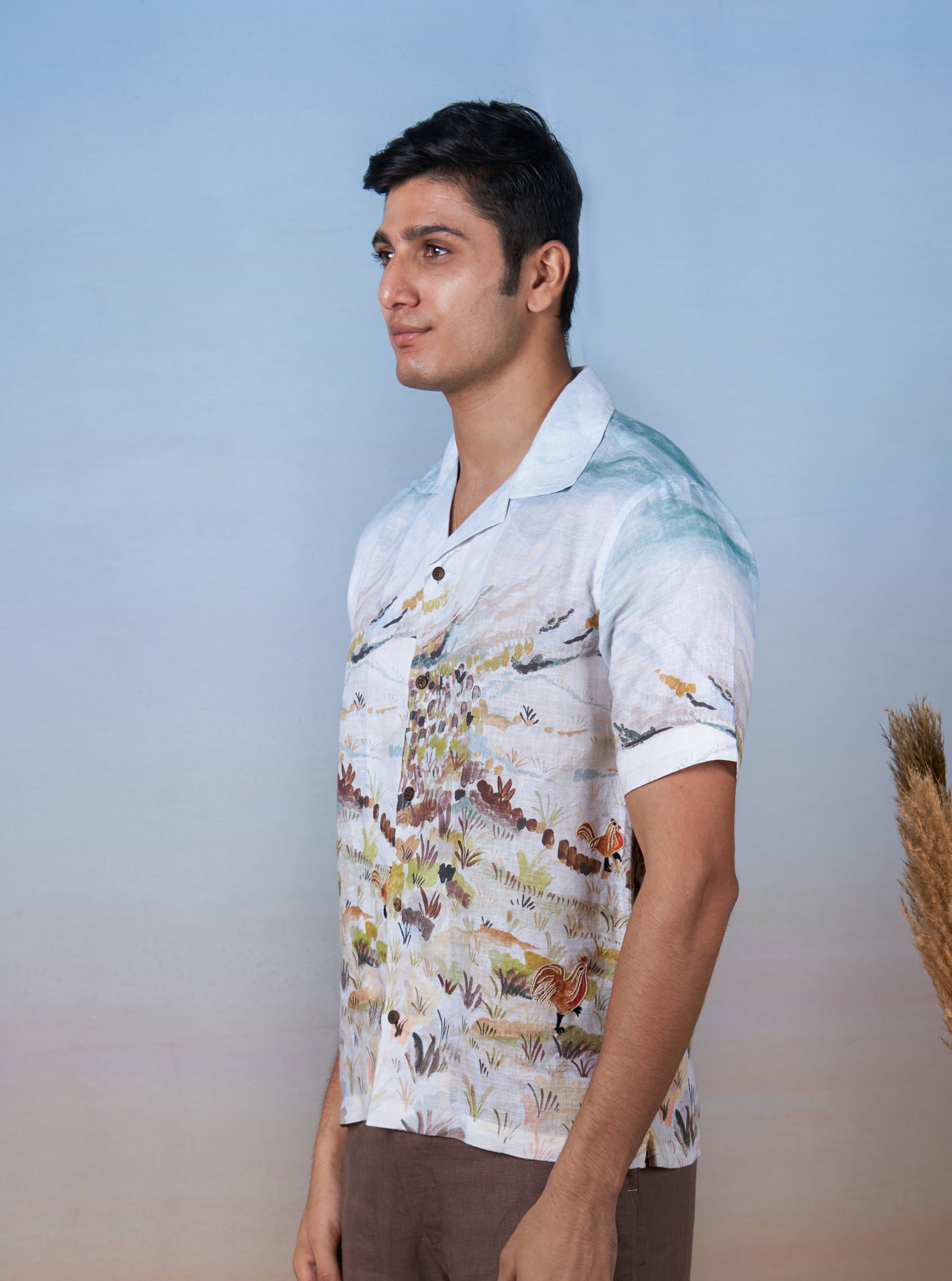 ROOSTER MEADOW BLUE - HAND EMBROIDERED UNISEX PRINTED LINEN SHIRT