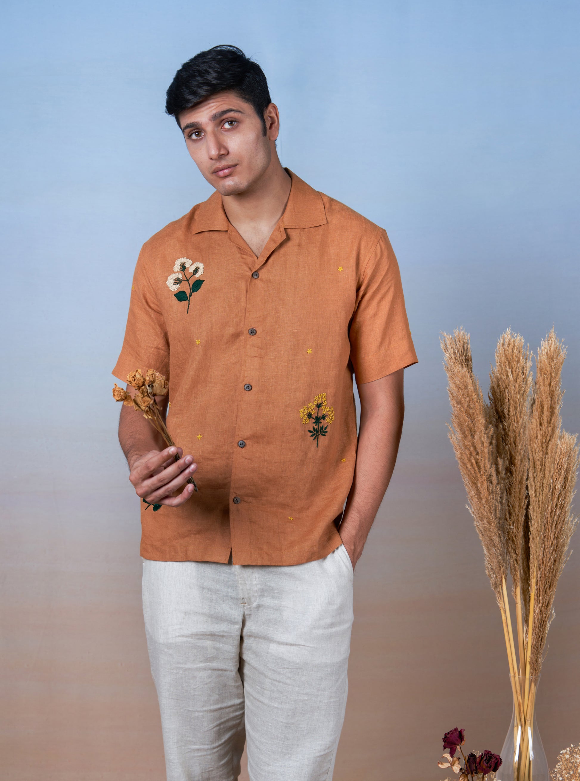 GOLDEN BREEZE - HAND EMBROIDERED UNISEX LINEN SHIRT