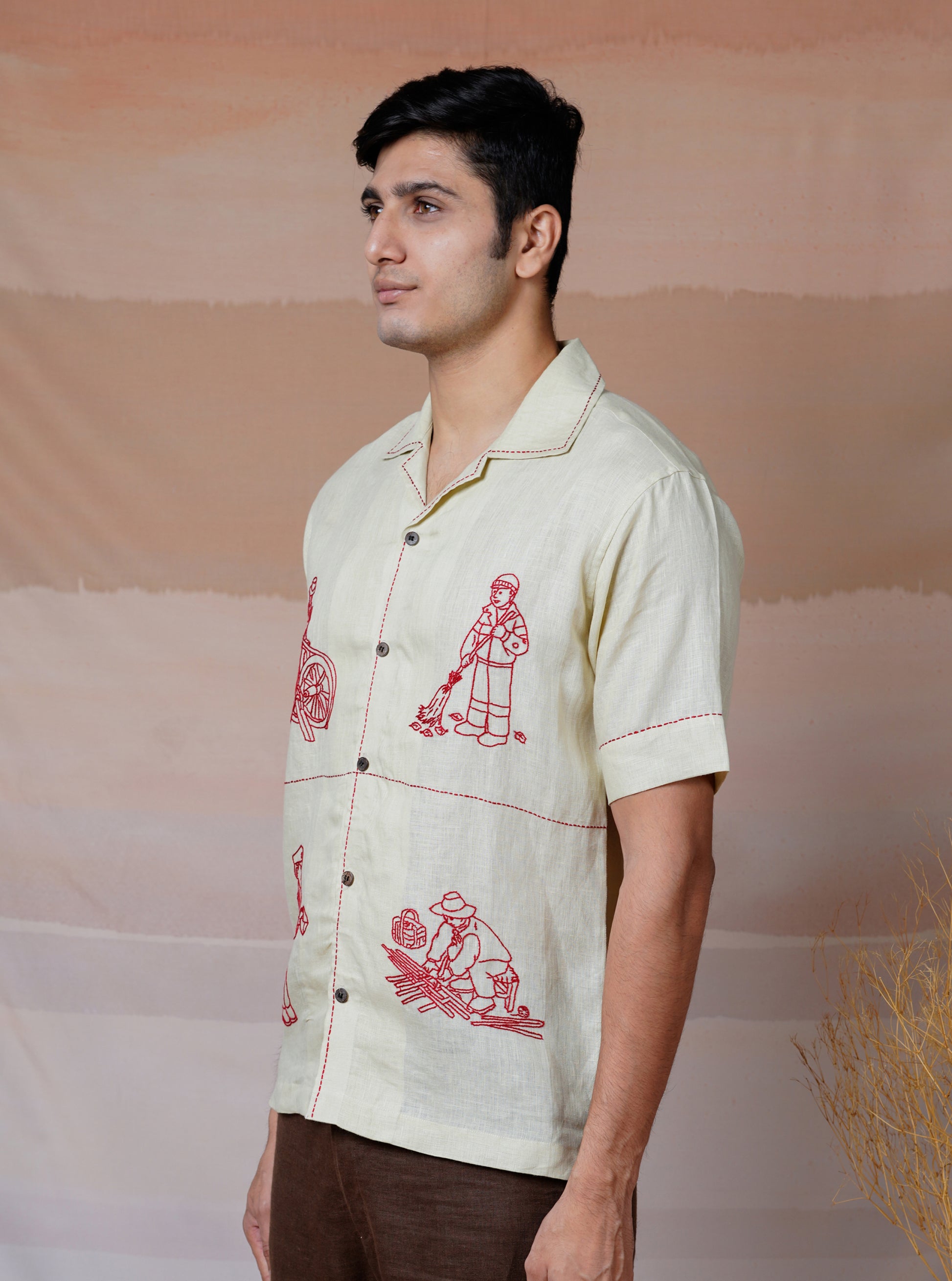 HANDS AT WORK - HAND EMBROIDERED UNISEX LINEN SHIRT