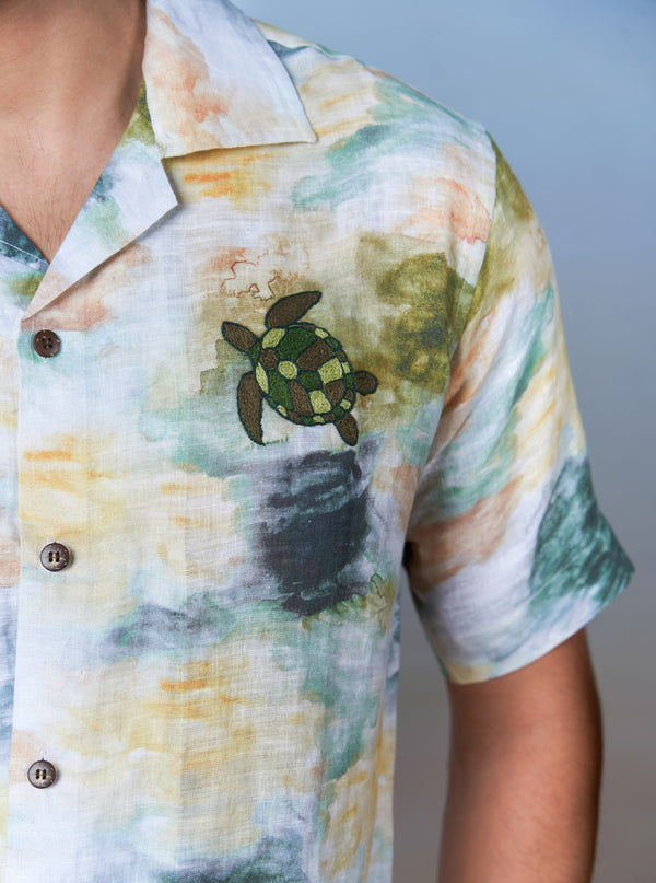 TURTLE TIDES - HAND EMBROIDERED UNISEX PRINTED LINEN SHIRT