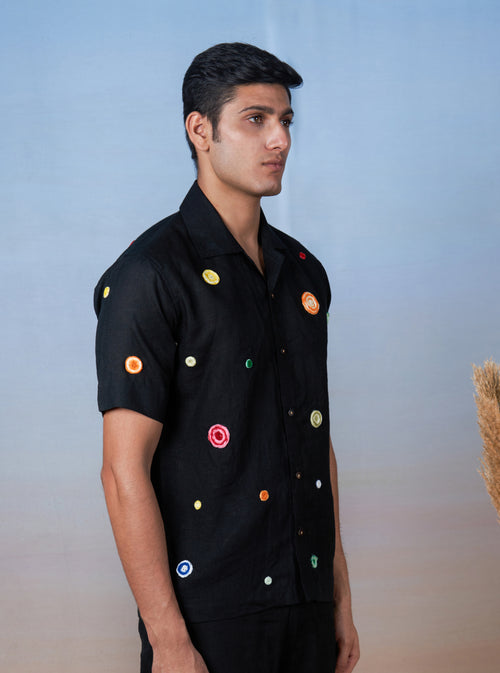 RETRO SPOTS - HAND EMBROIDERED UNISEX LINEN SHIRT