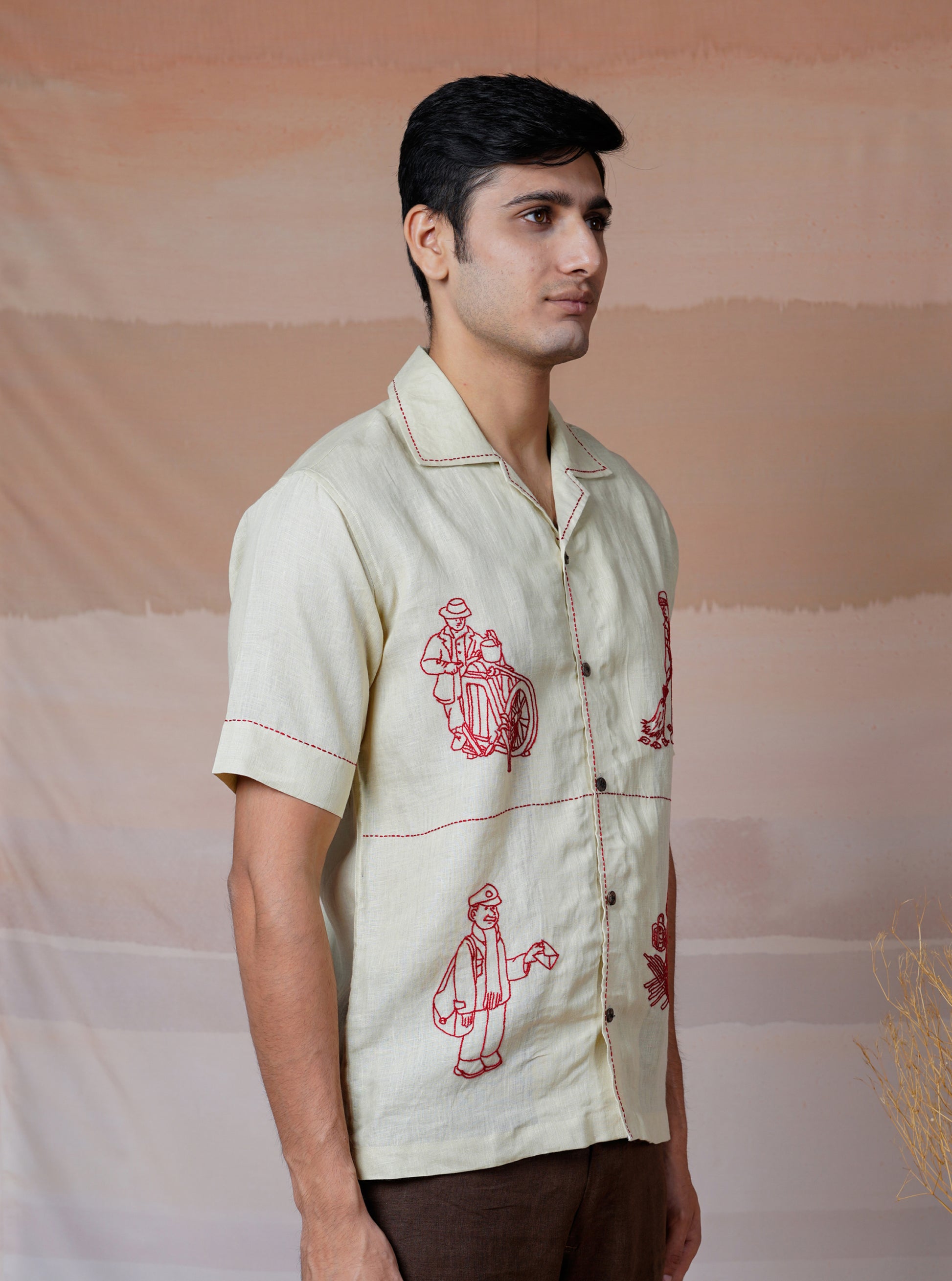 HANDS AT WORK - HAND EMBROIDERED UNISEX LINEN SHIRT