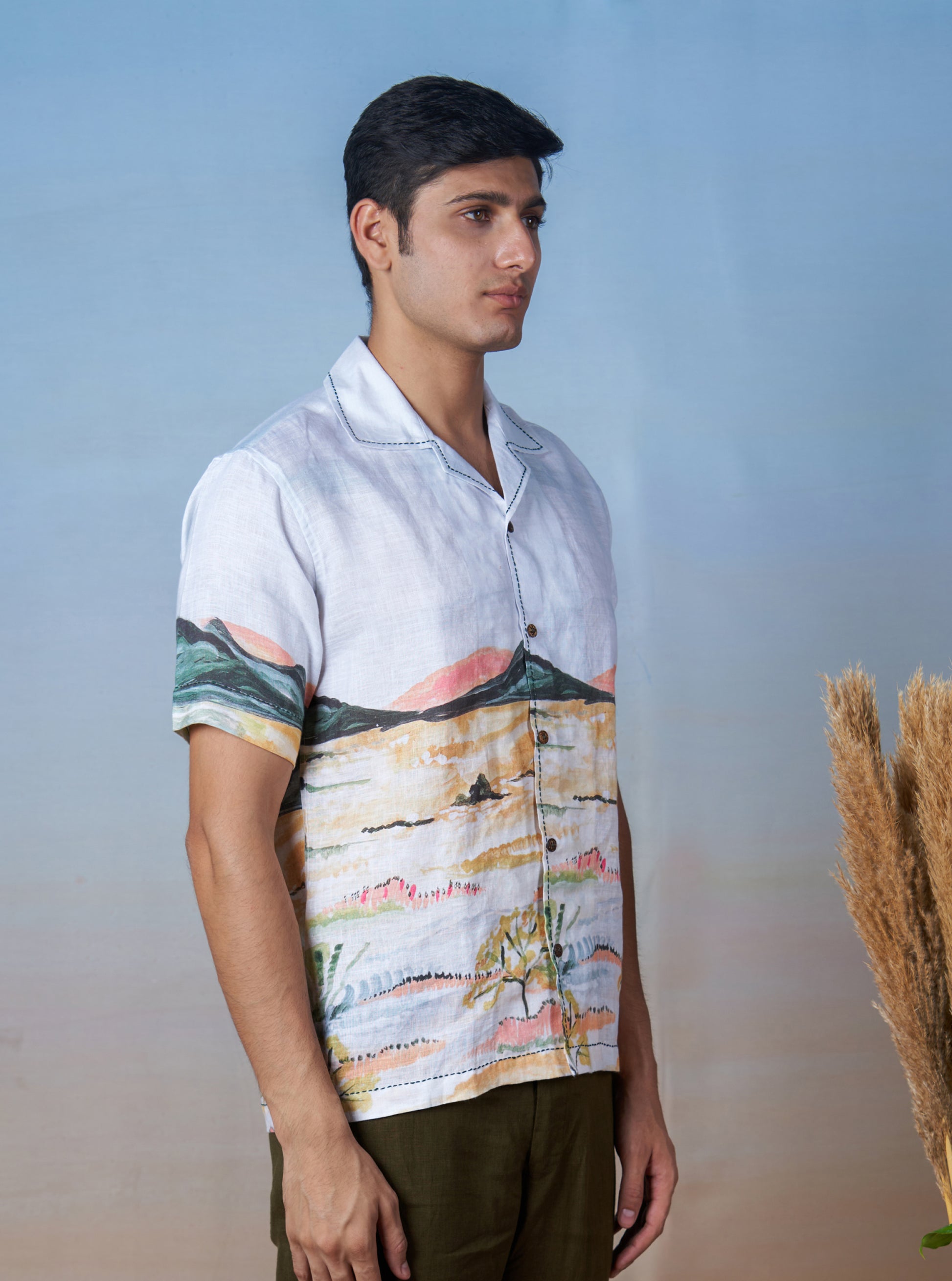 NATURE'S PALETTE - HAND EMBROIDERED UNISEX PRINTED LINEN SHIRT