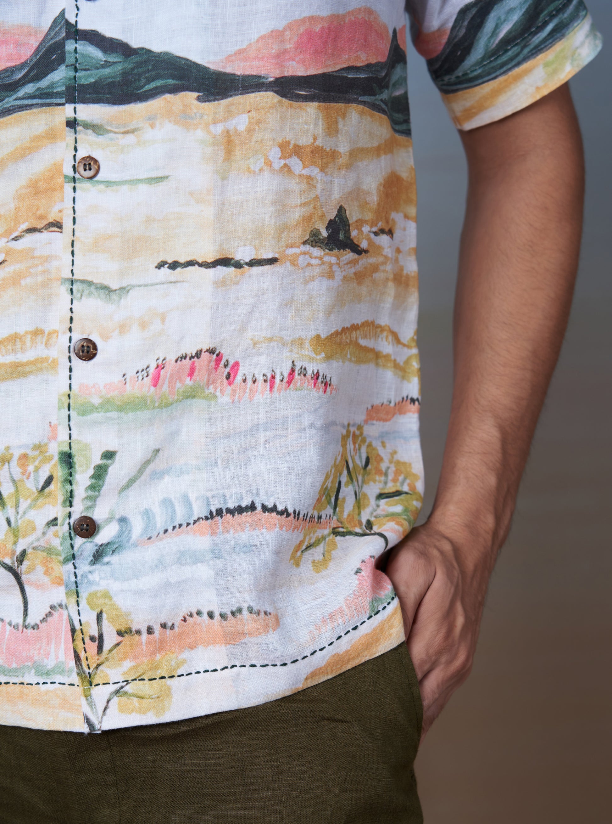 NATURE'S PALETTE - HAND EMBROIDERED UNISEX PRINTED LINEN SHIRT