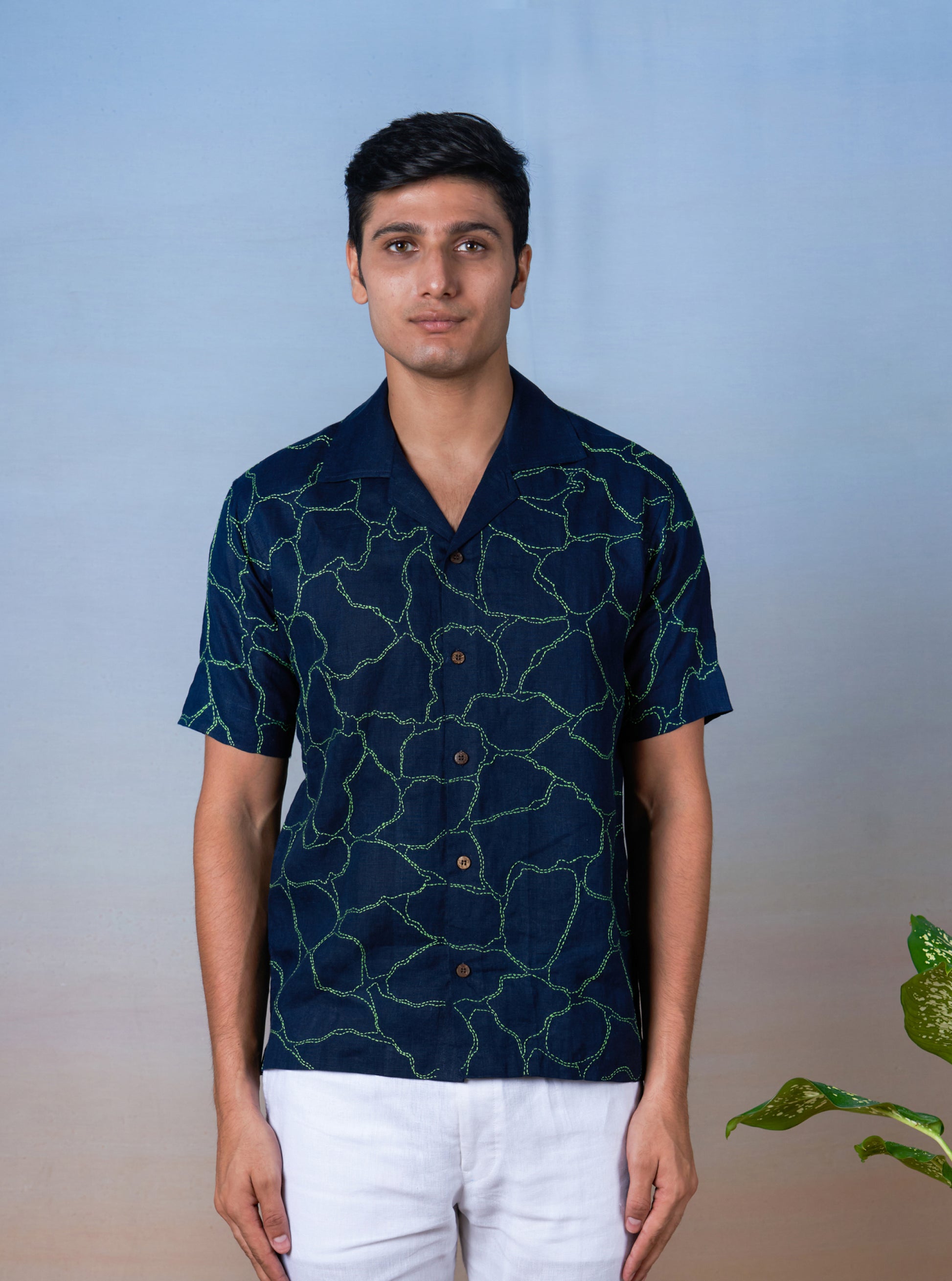 GREEN VEINS - HAND EMBROIDERED UNISEX PRINTED LINEN SHIRT