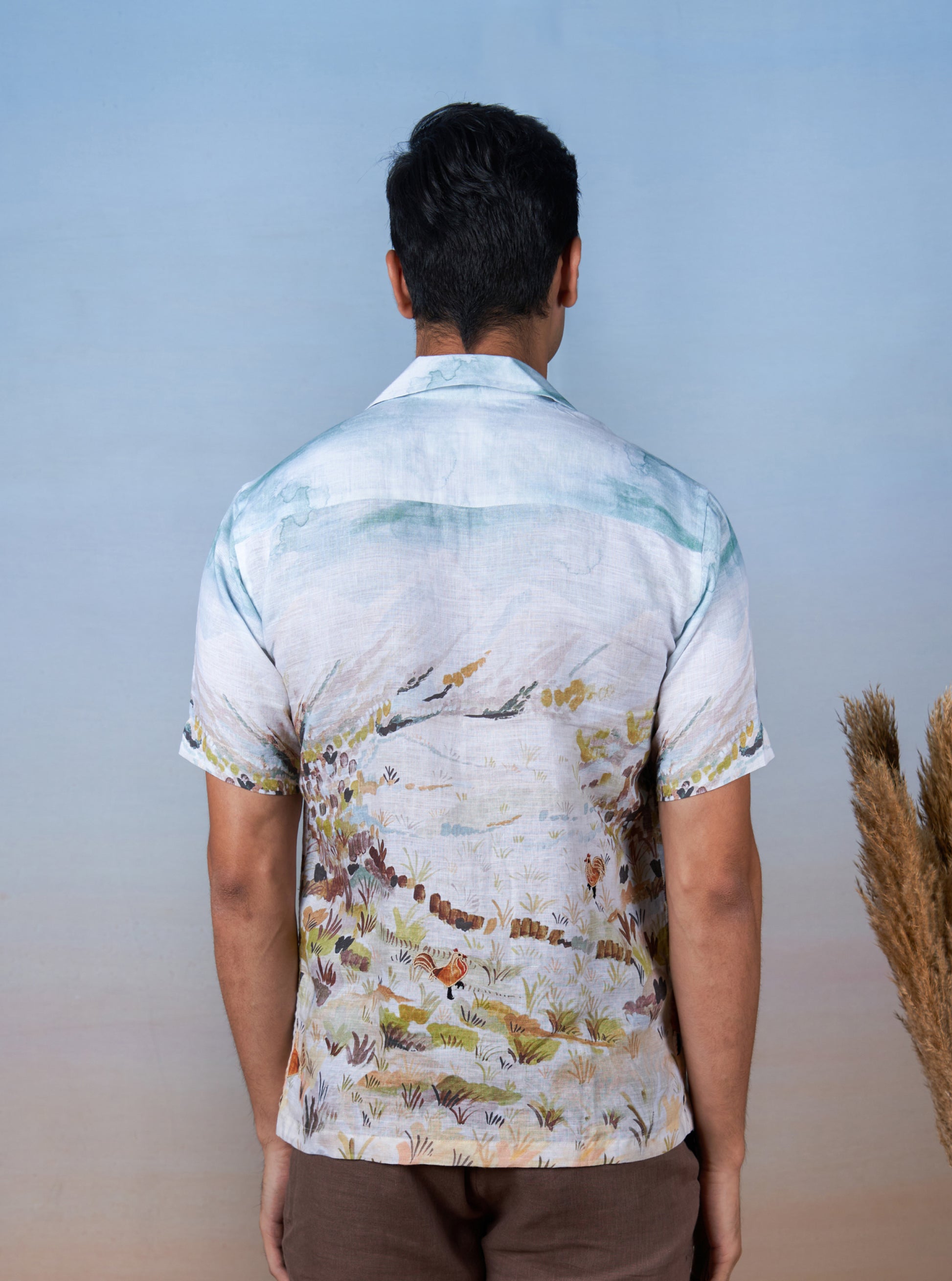 ROOSTER MEADOW BLUE - HAND EMBROIDERED UNISEX PRINTED LINEN SHIRT